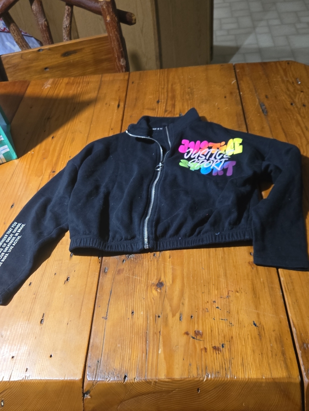 Justice Black Cropped Zip Jacket with Neon Rainbow Logo Sz S